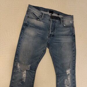RtA Road To Awe Distressed Skinny Jeans Knee Pleat Mid Rise Blue Women's Size 28